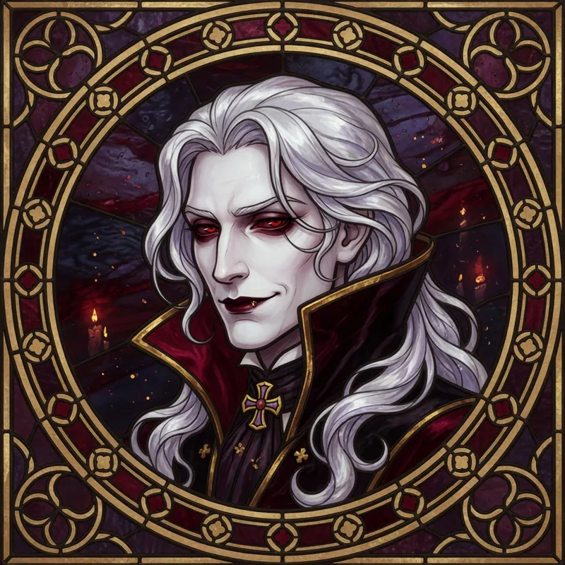 Stained-glass portrait of a white-haired vampire