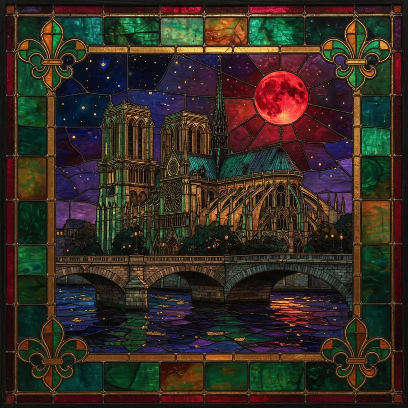 Stained-glass view of Notre-Dame and the Seine