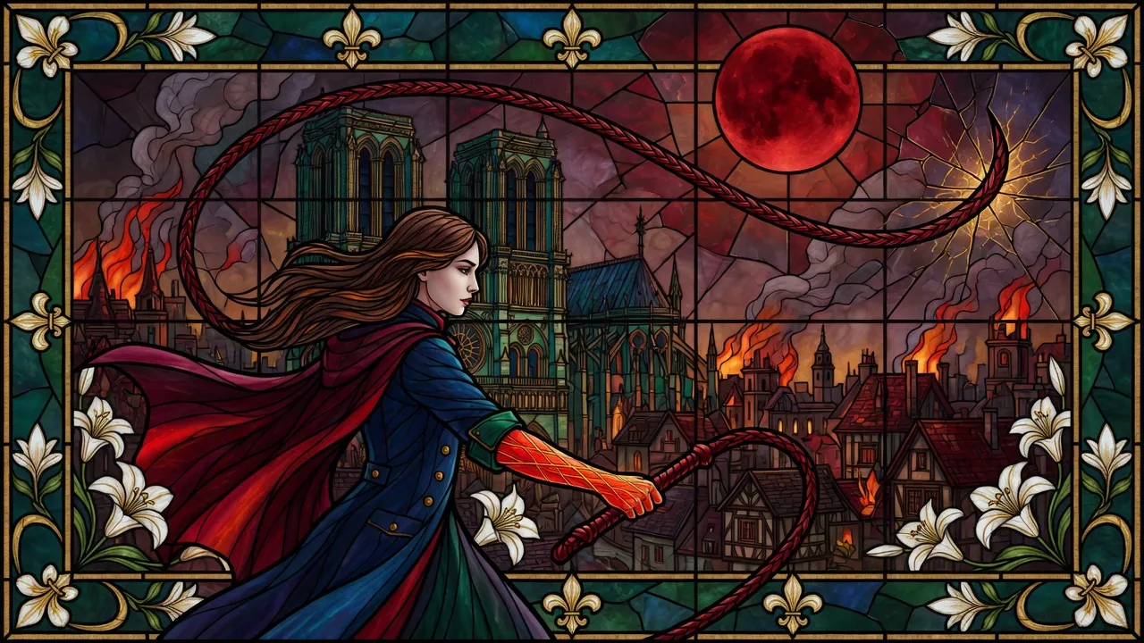 Stained-glass illustration of Rose Belmont cracking a whip before Notre-Dame under a blood moon